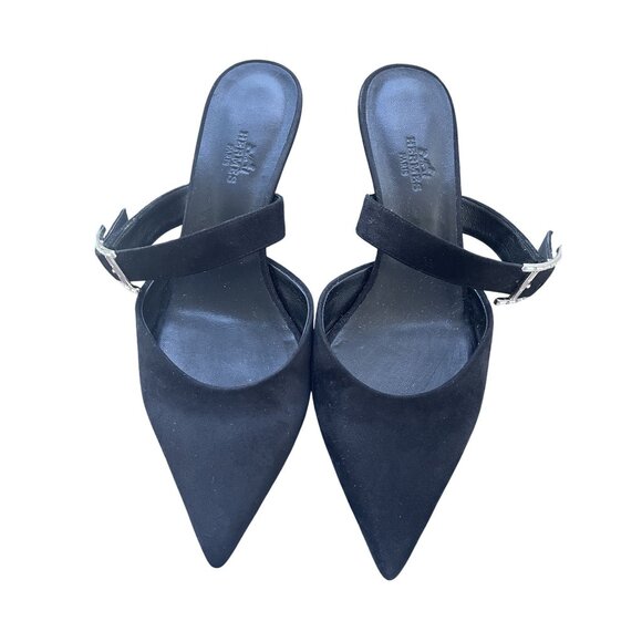 Hermès Black Suede Pointed-Toe Mules With Adjustable Crystal Buckle Strap - Picture 1 of 7